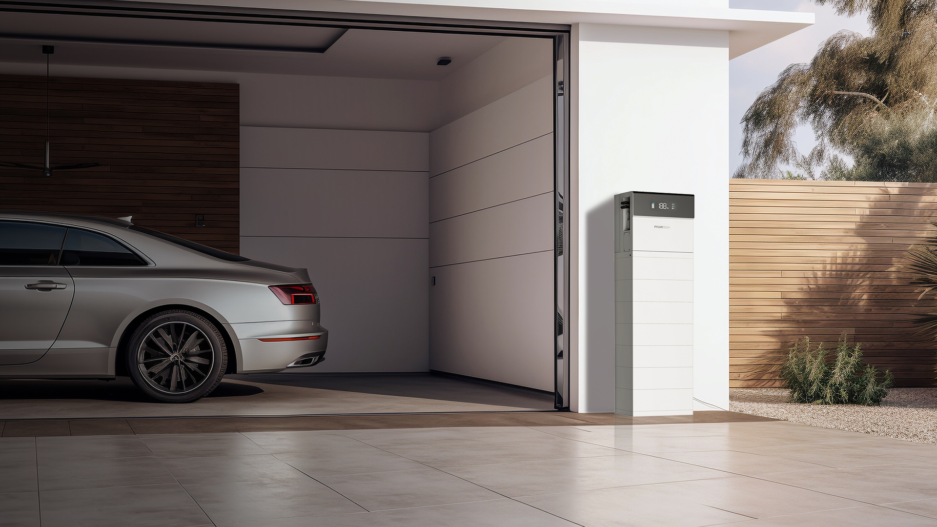 Thuisbatterij naast elektrische auto in garage